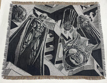 Load image into Gallery viewer, Berserk God Hand tapestry blanket full monochrome design with fringed edges