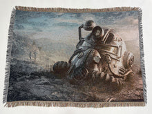 Load image into Gallery viewer, Full Fallout power armour tapestry blanket with wasteland scene and fringed edges