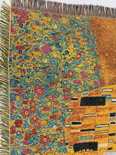 Load image into Gallery viewer, Multicoloured fringe and floral design on Gustav Klimt The Kiss woven blanket