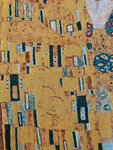 Load image into Gallery viewer, Geometric black and gold-toned design on Gustav Klimt The Kiss tapestry throw