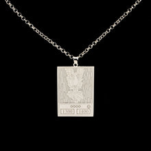 Load image into Gallery viewer, Silver Harpie Lady pendant and chain front on black background
