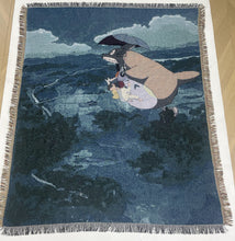 Load image into Gallery viewer, My Neighbour Totoro woven tapestry blanket full design with umbrella and fringed edges
